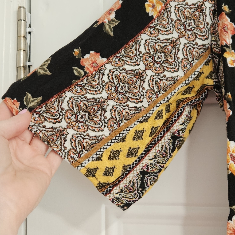 Blue Rain Floral Wrap Blouse - Black, Yellow, and Orange - Picture 5 of 6